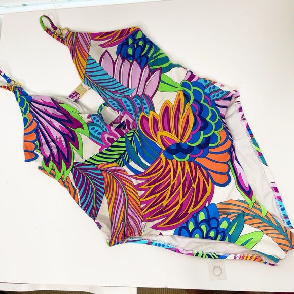 Trina Turk One Piece Swimsuit Size 8 10?  Multi Paradise Plume V Plunge Tropical - Picture 1 of 16
